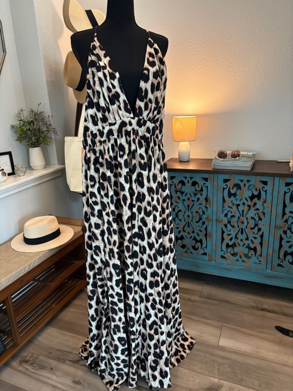 Leopard Print Maxi Dress - Black, White & Brown